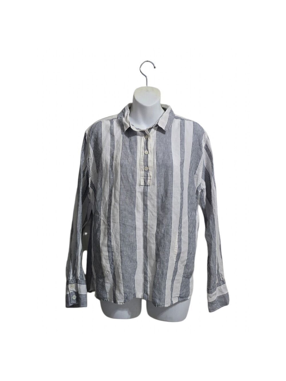 Eddie Bauer Striped Linen Blend Popover Hi-Lo Blouse Sz L